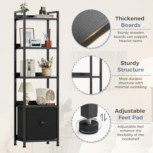 DUMOS 5 Tier Bookshelf with Fabric Drawer, Tall Industrial Bookcase, Narrow Display Standing Shelf, Wood and Metal Storage Shelf Organizer in Bedroom, Living Room, Modern Black