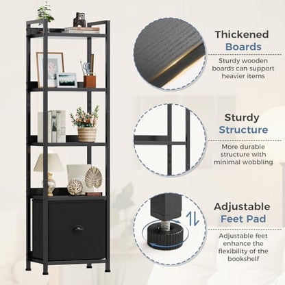 DUMOS 5 Tier Bookshelf with Fabric Drawer, Tall Industrial Bookcase, Narrow Display Standing Shelf, Wood and Metal Storage Shelf Organizer in Bedroom, Living Room, Modern Black