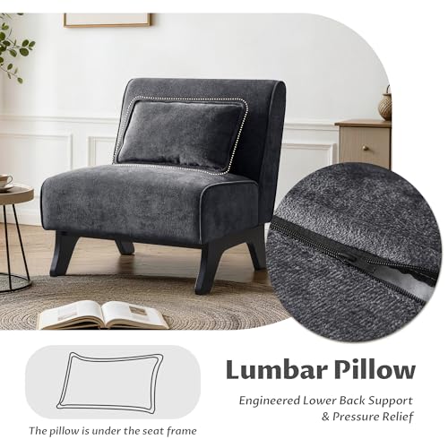 Armless Accent Chair Comfy Upholstered Modern Living Room Side Chair | Comfy Small Accent Lounge Chair with Pillow & Wooden Leg Accent Chair for Living Room Bedroom Farmhouse Reading Charcoal Gray - color: Grey