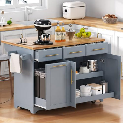 Kitchen Island with Trash Can Storage & Pull-Out Trays | Solid Rubberwood Countertop Kitchen Island on Wheels, Drop Leaf, Power Outlet, 3 Drawers - color: Grey