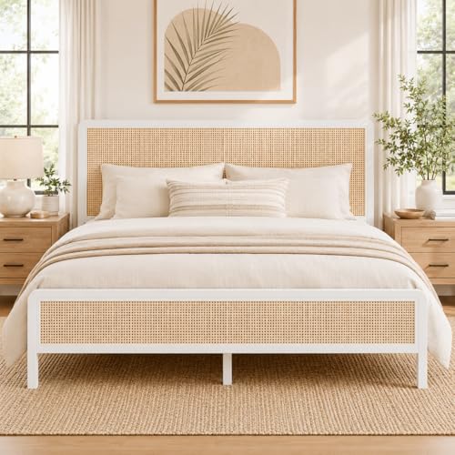 IMMERSTABLE Rattan Queen Bed Frame with Headboard, Boho Queen Metal Platform Bed Frame with Steel Slats, Under Bed Storage, Rounded Corners, No Box Spring Needed, Quiet Design, Easy Assembly, White - color: White, size: Queen