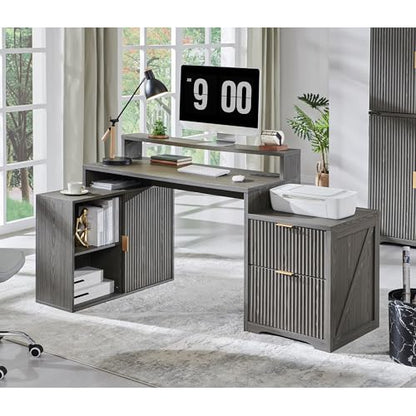 Modern L Shaped Desk with Storage Cabinet & Drawers, Wood Home Office Desk with Power Outlets, Fluted Computer Writing Desk - color: Grayish Green, size: 33"D x 67"W x 35.5"H