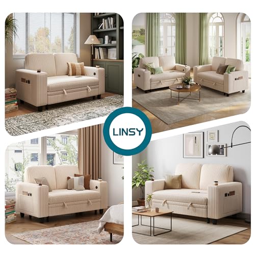 LINSY HOME Loveseat Sofa with Pull Out Couch Chaise: 2-in-1 Convertible 2 Seater Sofa with USB Charging & Cup Holders, Comfy Plush Corduroy Love Seat for Small Spaces Living Room Apartment, Beige