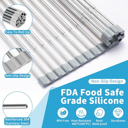 Expandable Roll-UP Dish Drying Rack-Large 304 Stainless Steel Dish Drainer Over The Sink for Kitchen Countertop,Extendable & Rollable & Food Grade (Silver,22.08'x 13.2') - color: Silver, size: Large Expandable