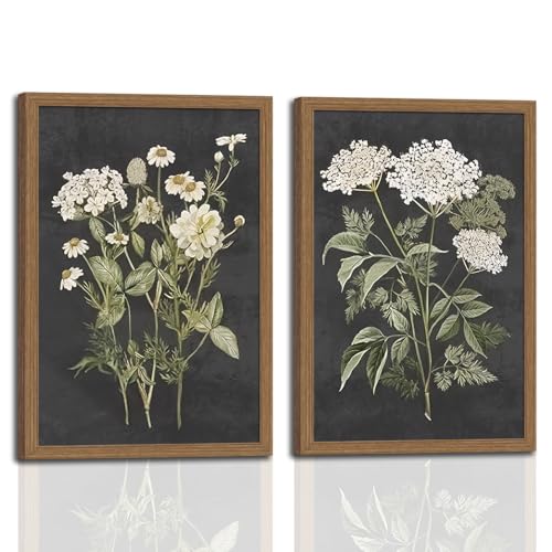 2Pcs framed Vintage White Floral Botanical Wall Art Set of Framed Canvas Prints Pictures withWooden Frame Farmhouse Wall Decor for Living Room Bedroom Can be hung directly12x16in - color: black, size: 12x16in