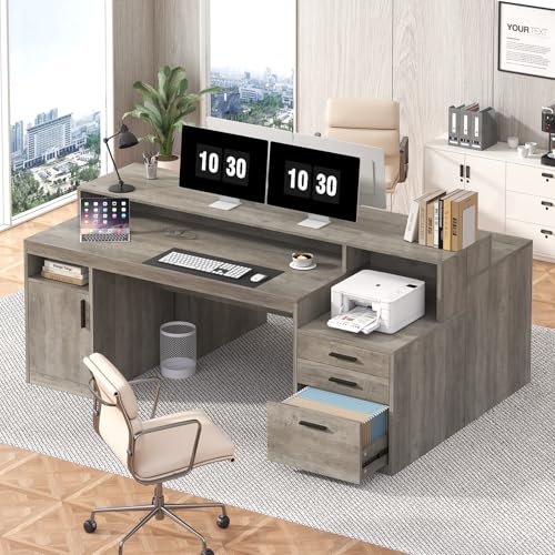 65" Computer Desk with 3 Drawers & Printer Shelf for Home Office | Office Desk with Printer Shelf & File Drawer, Executive Desk Writing Study Table with Monitor Stand, Grey - color: Grey
