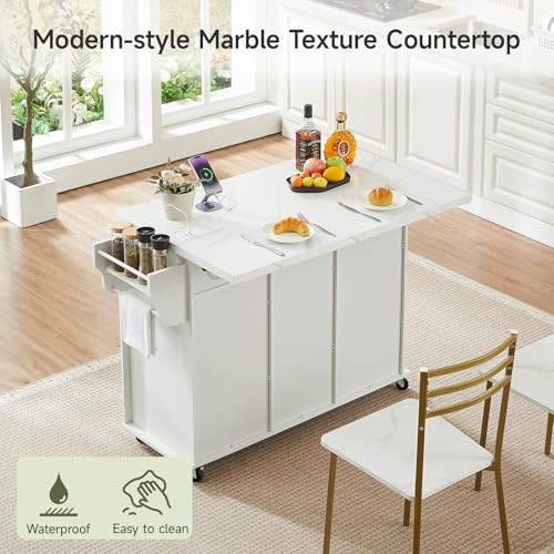 47" Kitchen Island with 2 Storage Cabinets & 5 Drawers, White | Mobile Island Table for Kitchen with Imitation Marble Drop Leaf, Rolling Island Cart with Power Outlet, Spice Rack - color: White