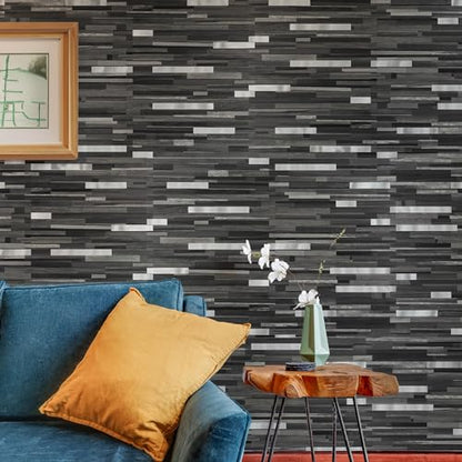StyloVue 20 Sheets Peel and Stick Tile Backsplash, Black with Metal Gold Look Stick on Tile Upgrade Your Kitchen Backsplash, RV, Fireplace - color: Black Grey Wood With Metal Silver
