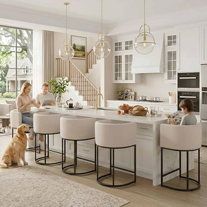 HNY Modern Counter Height Bar Stools Set of 2, 24" Linen Counter Stools with 8.5" Extra Tall Barrel Back, Black Tubular Frame, Deep Comfortable Seat Island Stools for Kitchen Counter, Home Bars, Cream - color: 24inch Cream,black Base