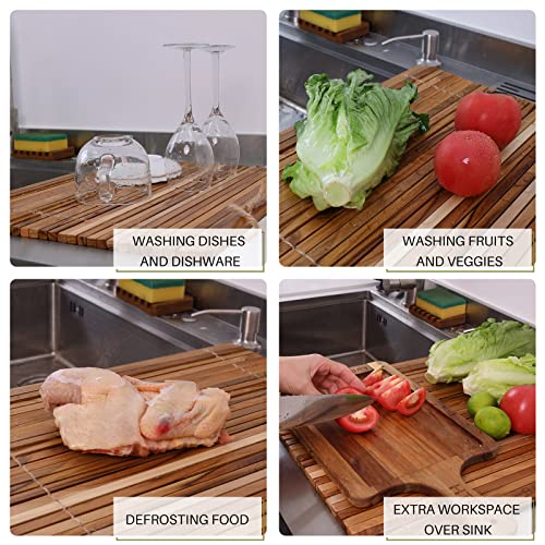 HTB Over Sink Dish Drying Rack 17.8'' x 16.1” Teak Wood | Roll Up Dish Drying Rack for Kitchen Counter,Space Saving,Collapsible Dish Drying Mat for Bowls,Vegetables,Fruits,Bottles