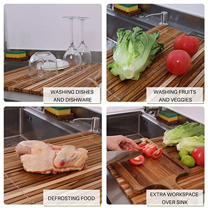 HTB Over Sink Dish Drying Rack 17.8'' x 16.1” Teak Wood | Roll Up Dish Drying Rack for Kitchen Counter,Space Saving,Collapsible Dish Drying Mat for Bowls,Vegetables,Fruits,Bottles