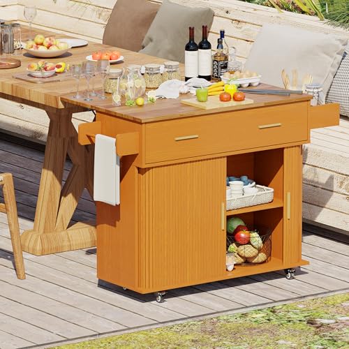 DHH Rolling Kitchen Island with Drop Leaf Countertop&Ample Storage - 39.4" Small Mobile Kitchen Cart On Wheels with Sliding Door,Drawers,Spice Rack & 2-Tier Storage (Yellow Walnut) - color: Yellow Walnut