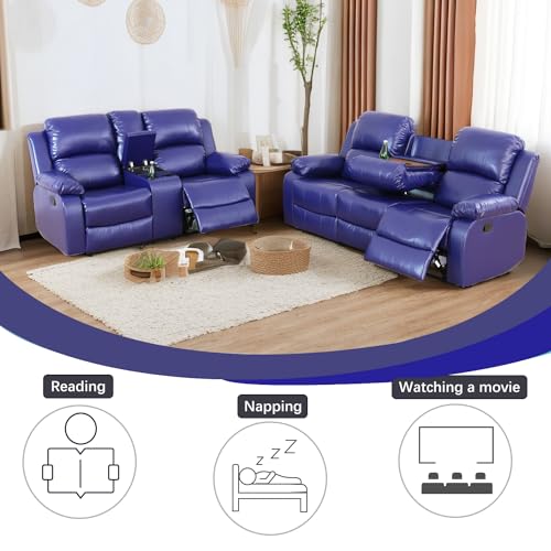 A Ainehome Living Room Furniture Set Leather Recliner Sofa Set Loveseat Chair Furniture Sofa Set for Living Room/Small Space/Rv/House/Office/Theater Seating (A-Blue Leather, Sofa+Loveseat) - color: A-blue Leather, size: Sofa+Loveseat