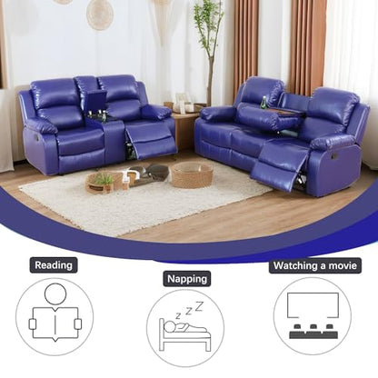 A Ainehome Living Room Furniture Set Leather Recliner Sofa Set Loveseat Chair Furniture Sofa Set for Living Room/Small Space/Rv/House/Office/Theater Seating (A-Blue Leather, Sofa+Loveseat) - color: A-blue Leather, size: Sofa+Loveseat