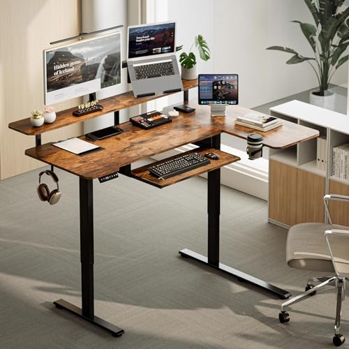 59 Inch L Shaped Standing Desk with Shelves and Keyboard, Electric Corner Standing Desk Adjustable Height, Sit Stand Computer Table with Reversiable Splice Board，Rustic Brown