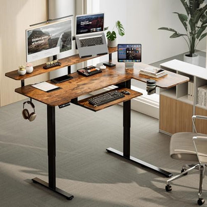 59 Inch L Shaped Standing Desk with Shelves and Keyboard, Electric Corner Standing Desk Adjustable Height, Sit Stand Computer Table with Reversiable Splice Board，Rustic Brown