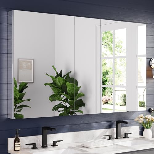 60"x36" Medicine Cabinet with Mirror & Soft Close Hinges, Surface Mount or Recessed Medicine Cabinet with Adjustable Shelves, Bathroom Wall Medicine Cabinet with Storage, Aluminum Alloy Frame, Combo - size: 60" x 36"