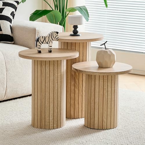 Round Nesting Coffee Table Set of 3 Mid Century Modern Wood Round Coffee Tables with Flexible Small Boho Circle End Table for Space Saving Living Room Comedor Home Office Bedroom(Natural) - color: 3pcs Natural