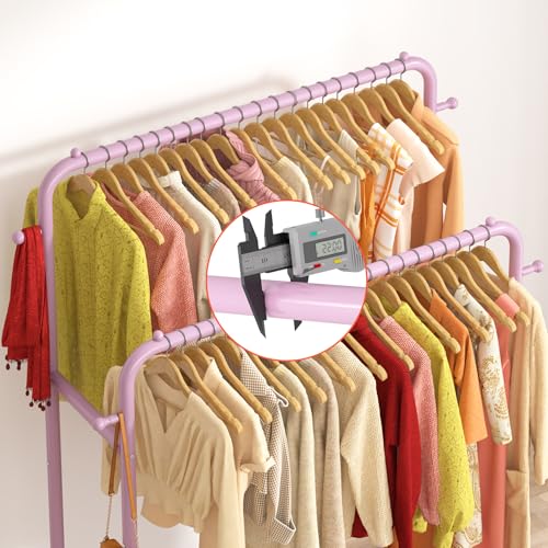 Laiensia Double Rods Garment Rack with Wheels, Clothing Rack for Hanging Clothes,4 Hooks, Multi-Functional Bedroom Clothes Rack, Pink - color: pink