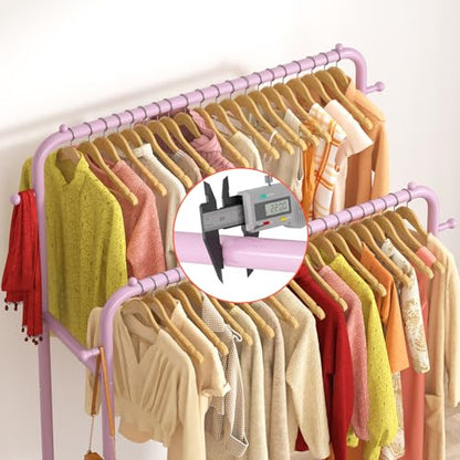 Laiensia Double Rods Garment Rack with Wheels, Clothing Rack for Hanging Clothes,4 Hooks, Multi-Functional Bedroom Clothes Rack, Pink - color: pink