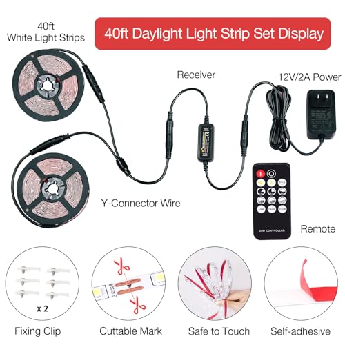 40ft White LED Strip Lights with Remote, 6500K Dimmable 12V LED Light Strip, 720 LEDs Flexible Cuttable Tape Lights for Bedroom Kitchen Cabinet Ceiling Lighting - size: 40ft-White Light Strip