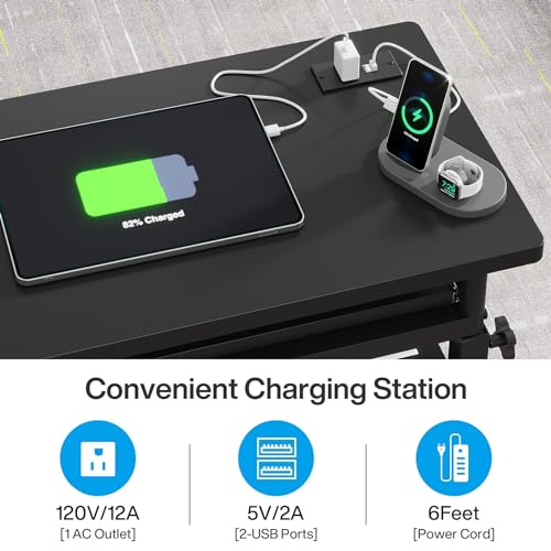 Tribesigns Small Portable Desk with Power Outlet, Height Adjustable Sofa Couch Bedside Laptop Table with Wheels, Mobile Standing Desk Rolling Computer Cart C Side Table with USB Ports - color: Black