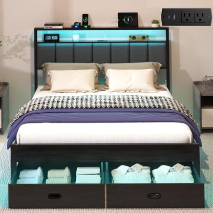 Queen Bed Frames with Storage Drawer, Platform Bed with Charging Station and LED Lights, Upholstered Headboard with 2-Tier Storage Shelves, No Box Spring Needed - size: Queen, style: Modern