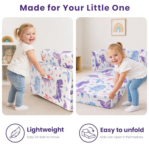 Kids Couch, 2-in-1 Kids Fold Out Couch | Convertible Sofa to Lounger for Girls and Boys, Soft Toddler Chairs Comfy 1-3 Years Old, White Dinosaur - color: White Dinosaur