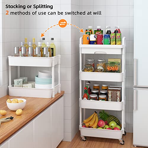 Calmootey 4-Tier Rolling Utility Cart with Drawer,Multifunctional Storage Organizer with Plastic Shelf & Metal Wheel,Storage Cart for Kitchen,Bathroom,Living Room,Office,White | Space-Saving Organizer, Sturdy Plastic Shelves, Smooth-Rolling Metal Wheels,