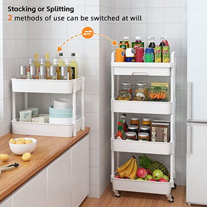 Calmootey 4-Tier Rolling Utility Cart with Drawer,Multifunctional Storage Organizer with Plastic Shelf & Metal Wheel,Storage Cart for Kitchen,Bathroom,Living Room,Office,White | Space-Saving Organizer, Sturdy Plastic Shelves, Smooth-Rolling Metal Wheels,