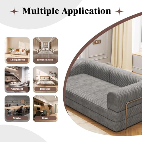 Garvee 78" Convertible Sleeper Sofa Bed, Plush Corduroy Futon Loveseat, Folding Floor Couch with Fixed Frame, Pull Out Bed, No Assembly Modern Living Room Sofa Furniture (Grey)