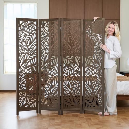 Leaf-Carved Room Divider Privacy Screen - 67 Inch Tall Foading Decorative Wood Screen Dividers Panel for Home - Natural Wood Room Partitions for Enhanced Privacy and Style Brown 4 Panel - color: Brown, size: 4 Panels