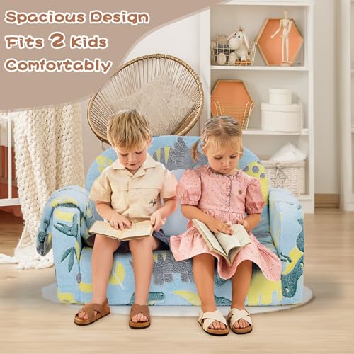 Extra Wide Kids Couch, 2-in-1 Soft Toddler Couch with Blanket, Glow in The Dark, Comfy Toddler Chair with Cloud Pillow, Convertible Sofa, Dinosaur - color: Dinosaur