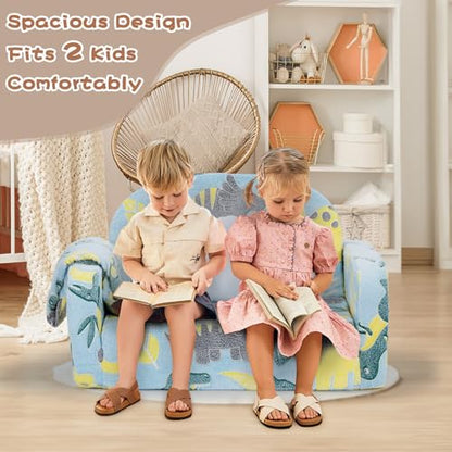 Extra Wide Kids Couch, 2-in-1 Soft Toddler Couch with Blanket, Glow in The Dark, Comfy Toddler Chair with Cloud Pillow, Convertible Sofa, Dinosaur - color: Dinosaur