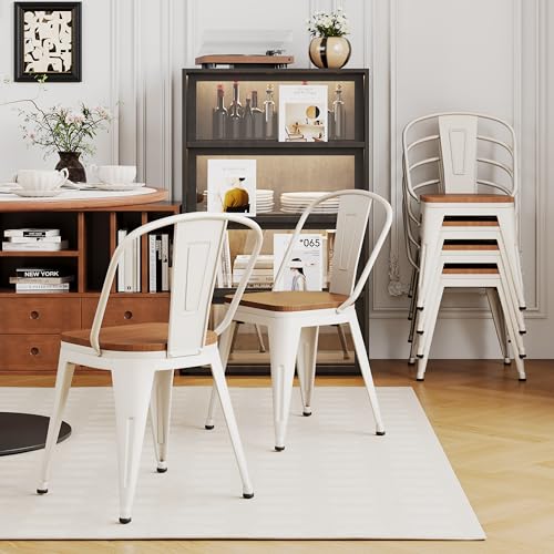 Alunaune 18inch Metal Dining Chair Set of 4 High Back Classic Chic Iron Farmhouse Chairs Industrial Stackable Coffee Stools Bistro Cafe Side Barstools Wood Seat-White - color: Cream White
