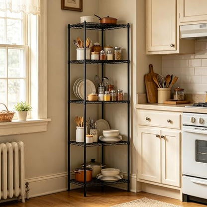 Wire Storage Standing Shelf Rack Tower, Corner Metal Shelving Unit with Adjustable Shelves, Space-Saving Organizer for Garage, Kitchen, Bathroom, 18 * 18 Inch - size: 5 Tier 18 Inch Width