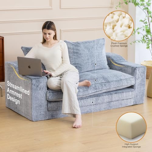 61" Boneless Loveseat Sleeper, Folding Sofa Bed with Faux Fur Cover, L-Grey | Memory Foam Pull Out Futon Bed with Removable Washable Cover, Space-Saving Fold Out Couch for Living Room & Guest Room - color: Light Grey