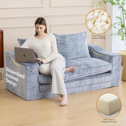 61" Boneless Loveseat Sleeper, Folding Sofa Bed with Faux Fur Cover, L-Grey | Memory Foam Pull Out Futon Bed with Removable Washable Cover, Space-Saving Fold Out Couch for Living Room & Guest Room - color: Light Grey