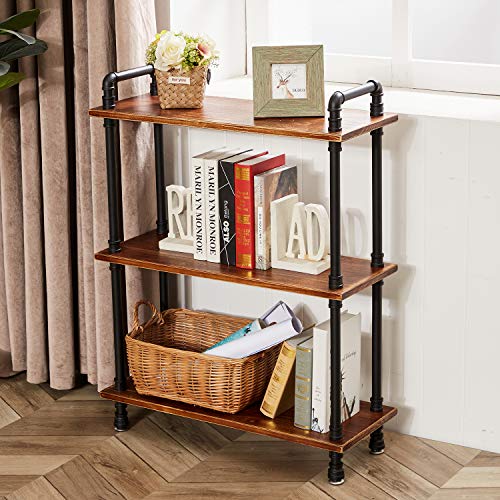 Industrial Bookshelf, Pipe Shelf Bookcase, 3 Tier, 30" Rustic Brown | Solid pine shelves, 30 inch wide, black pipe frame, 35 lbs per shelf, open bookcase for books, plants, office - color: Rustic Brown, size: 30"L × 39"H