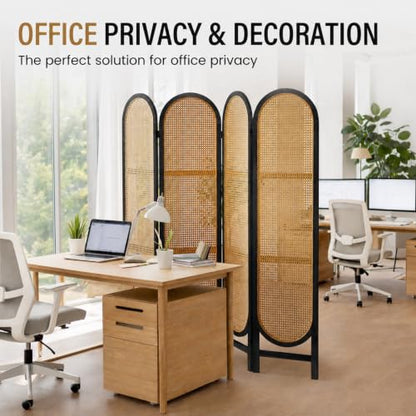 4 Panel Room Divider, Hand-Woven Rattan Room Divider Screen, Folding Privacy Screens with Double Hinges, Wooden Freestanding Wall Divider for Room Separation Bedroom Home Office - Black - color: 4 Panels Black, size: 4 Panels