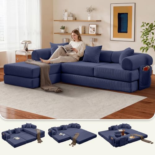 107" Modular Sectional Sofa Bed, L-Shape Corduroy Boneless Couch, Blue | Sleeper Futon Sofa Bed, Boneless Couches for Living Room, Modular Couch with Storage, Pull Out Couch, No Assembly Required - color: Blue