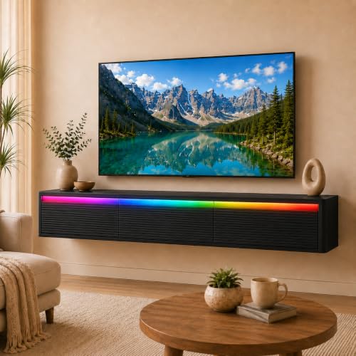 Black Floating TV Stand, 68.9 inch Wall Mounted Media Console with Storage | Mounted TV Console for Living Room,for 75"–80" TVs. - color: Black-h