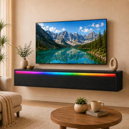 Black Floating TV Stand, 68.9 inch Wall Mounted Media Console with Storage | Mounted TV Console for Living Room,for 75"–80" TVs. - color: Black-h