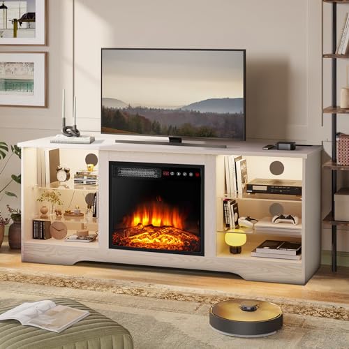 Fireplace TV Stand for up to 65 Inch TVs, Space-Saving LED Modern Entertainment Center for Small Apartments with Built-in 18" Electric Fireplace Heater & Adjustable Glass Shelves, Beige - color: Beige, size: 58"