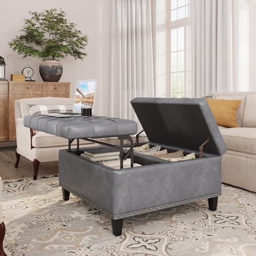 FiveWillowise 31.5 Inch Large Square Ottoman with Storage,Faux Leather | Coffee Table Storage Ottoman Bench with Lift Top Upholstered Footrest Stool Toy Box for Bedroom Living Room,Grey - color: Slate Gray
