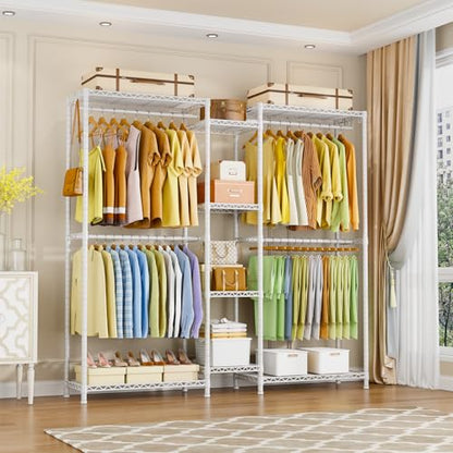 E4 Clothes Rack, Heavy-Duty Garment Rack, Metal Freestanding Clothing Organization Storage System Can Be L-shaped with Shelves and Hangers, Max Load 962lbs, 71.6" W x 14.5" D x 79.3" H, White | Metal Freestanding Clothing Organization Storage System with