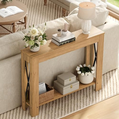 Farmhouse Console Table, 39.4'' Small Narrow Entryway Table, Wood Couch Table Behind Sofa with Storage Shelf, Slim Farmhouse Hallway Table for Living Room, Hallway, Foyer, Light Walnut CT34VV - color: Light Walnut