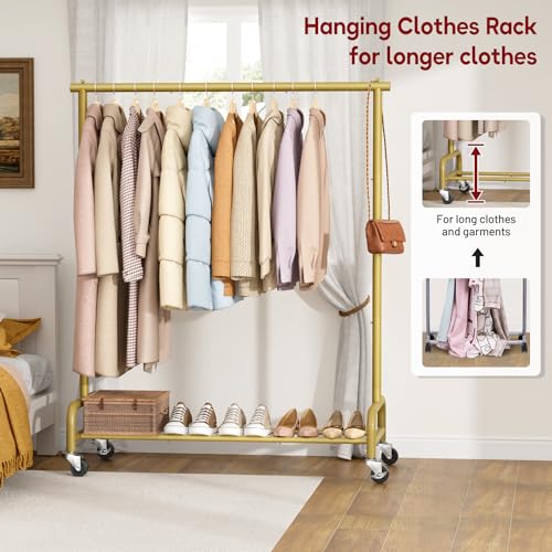 SLEEPING LAMB Heavy Duty Clothes Racks for Hanging Clothing Rack, 43" Wide Rolling Garment Rack Metal Wardrobe Rack with Wheels Closet Hanger Rack for Coats, Shirts, Dress (Gold) - color: Gold, style: Single Rod
