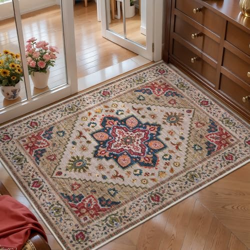 Tangsoo Vintage Small Area Rug, 2x3 Washable Rugs for Entryway Non Slip | Oriental Indoor Front Door Rug Mat, Soft Low Pile Small Carpet Throw Rugs for Entry Entrance Kitchen Bedroom Beige/Red - color: Beige/Red, size: 2' X 3' (Rectangular)