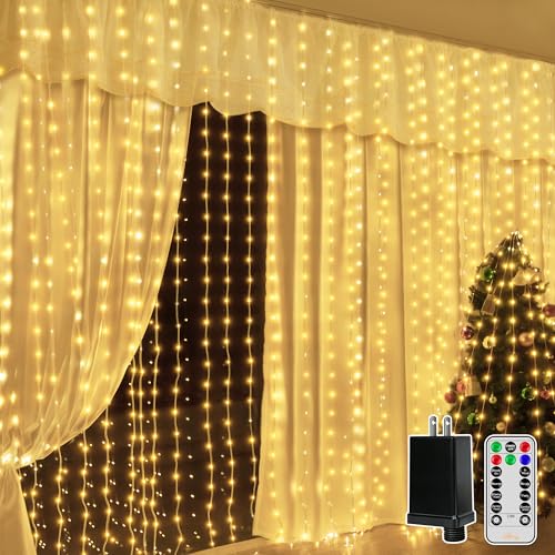 Ollny Curtain Lights 600LED 19.7ft x 9.8ft, IP67 Waterproof Outdoor Curtain Rice Lights with Remote, Plug-in Untangle Rice Curtain Light with 8 Modes 3 Timers for Wall Backdrop Decor(Warm White) - color: Warm White, size: 19.7ft